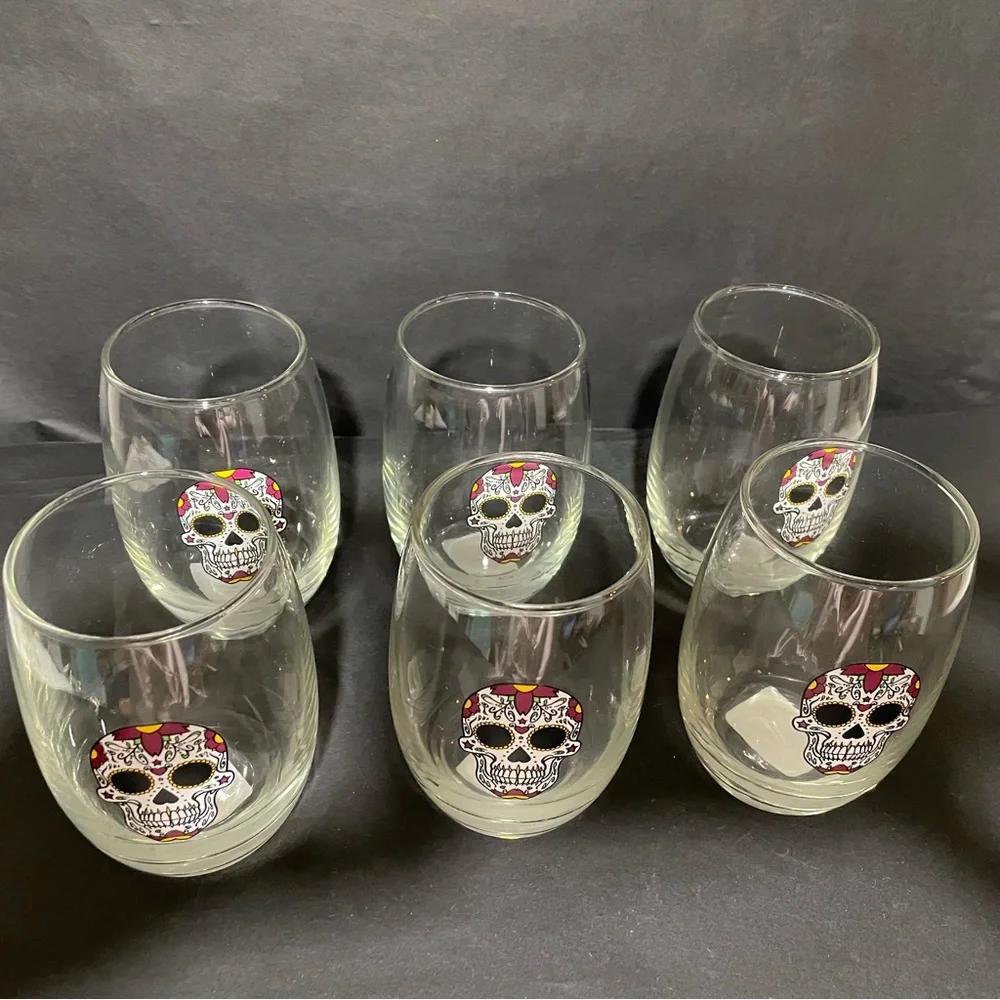 Cristar Day Of The Dead White Skull, Mikonos Stemless Glasses (Lot Of 6) NEW - Picture 4 of 8